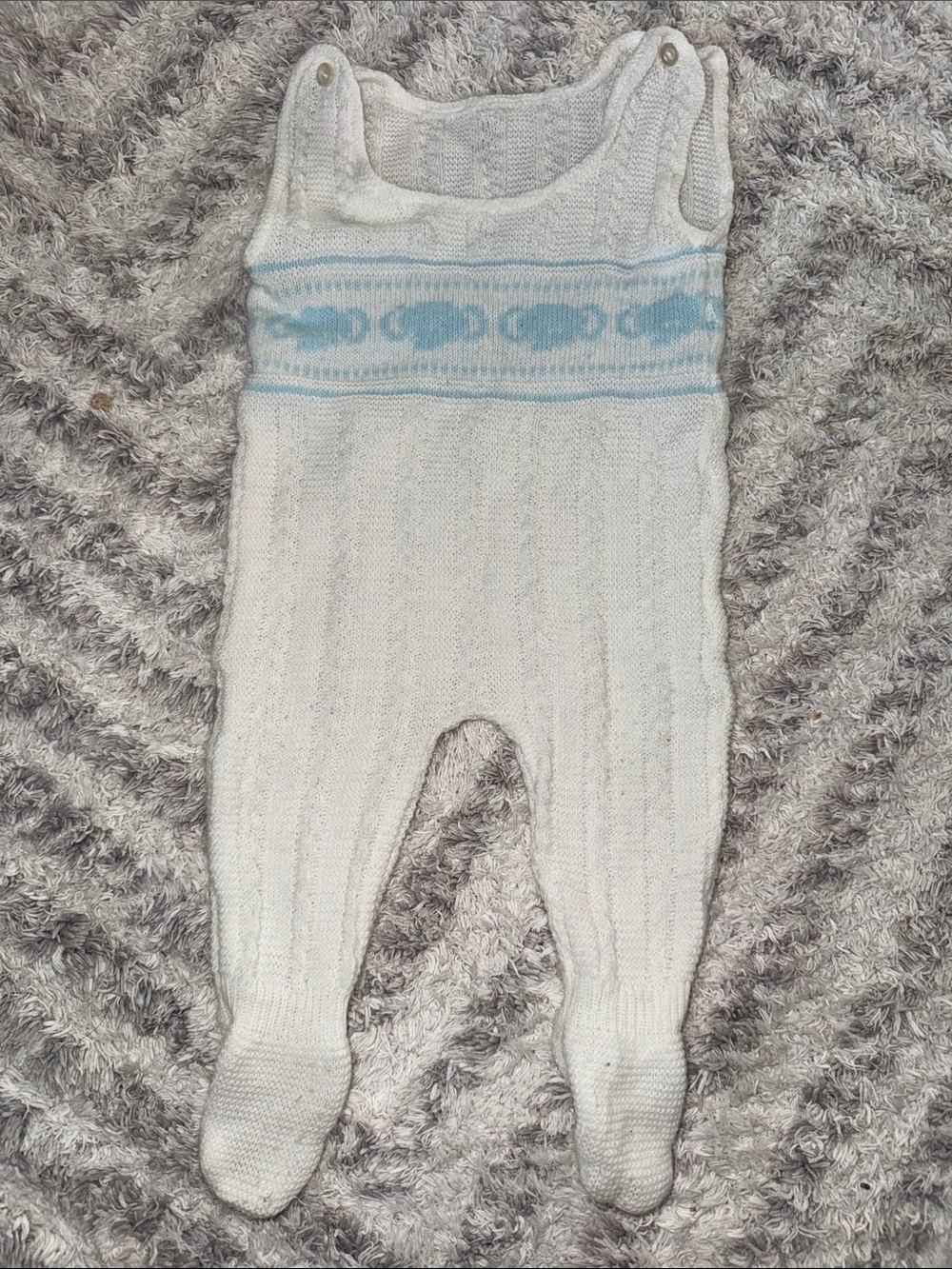 6-9m vintage Classic Knit Baby Footed Romper - White with Light Blue Trim